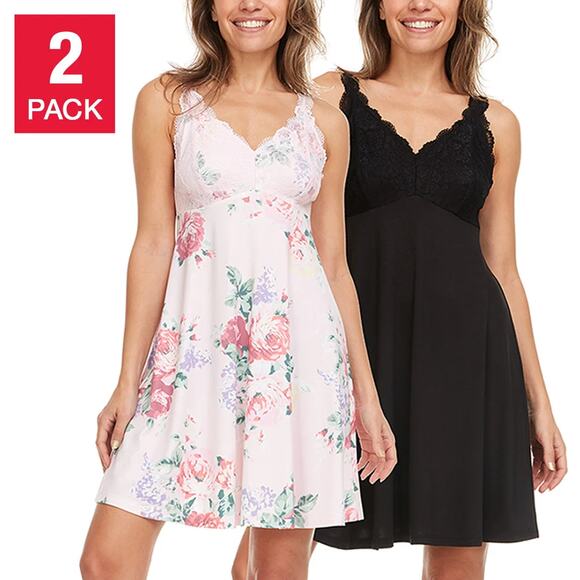 NWT Flora Nikrooz Women's 2-Pack V-Neck Lightweight Soft Lace Trim Chemise - Picture 1 of 9
